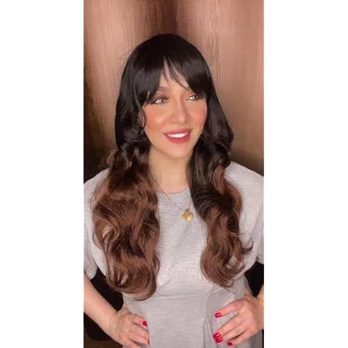 DILLARDS Long Wavy Wig With Bangs, Black To Brown Ombre, Heat-Safe Synthetic Hair - Image 5